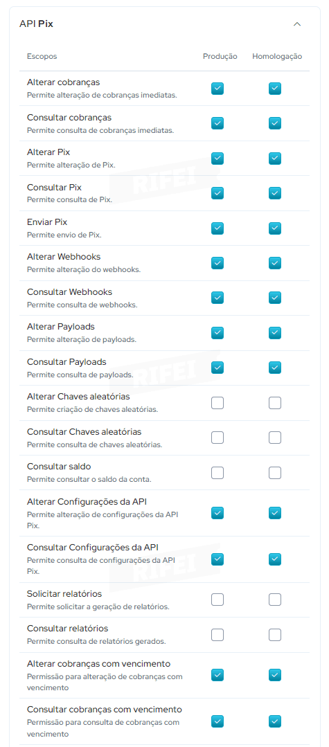 permissoes api pix efi